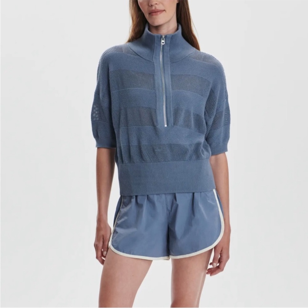 Varley Kembria Mesh Stripe Half Zip Top in Stone Blue